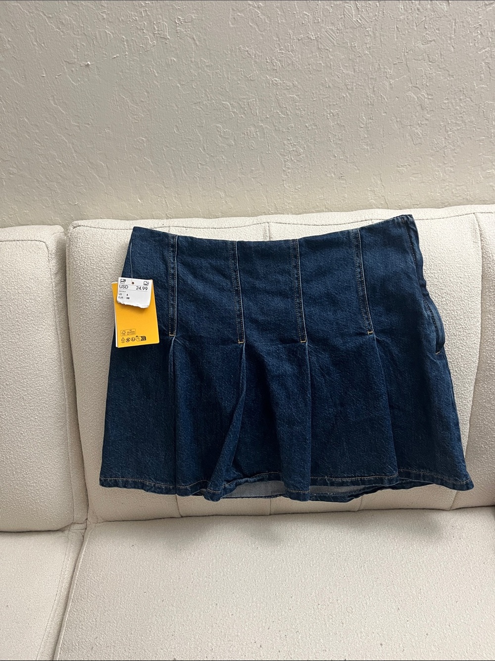 Denim Pleated Mini Skirt - Dark Blue
